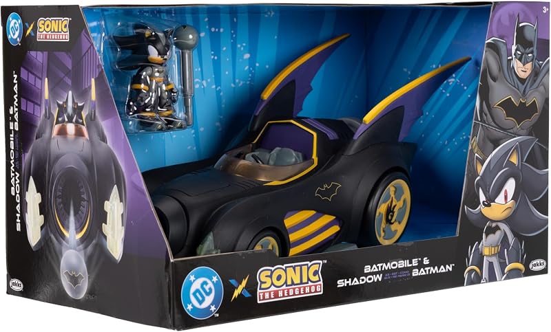 DC x Sonic – Shadow como Batman con Batimóvil con Funciones 6 cm, Set de Figura de acción, Licencia Oficial Jakks Pacific, Vehículo Interactivo con proyectil lanzable y turbina giratoria