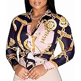 Buchona Blouses for Women Long Sleeve Floral Print Blouses & Button-Down Shirts Loose Collar Sexy Tops
