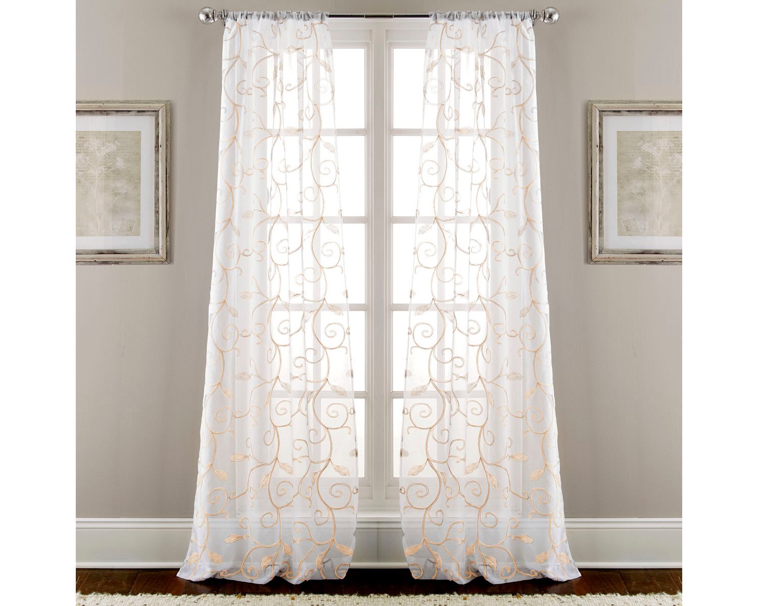 Pacific Coast Textiles Modern Threads Amrapur Overseas Leaf Swirl Sheared Curtain Set, Polyester, White/Taupe, 37 x 84-Inch, 2-Piece