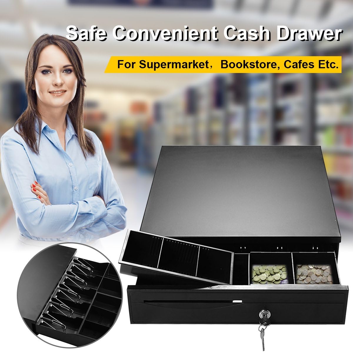 Tangkula Cash Register Drawer, for Point of Sale (POS) System with Removable Coin Tray, 5 Bill/5 Coin, RJ11 Key-Lock Works Compatible Epson POS Printers, Cash Drawer (16.5" x 16'') : Office Products