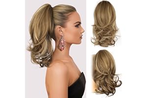 ZQIAN BEAUTY 14 Inch Ponytail Extension - Wavy Pony Tails Hair Extensions, Claw Clip Ponytail Extension, Synthetic Hair Extensions Ponytail, Clip on Ponytails for Women (Light Brown With Beige Highlights)