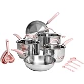 Paris Hilton Stainless Steel Pots and Pans Set with Stay-Cool Pink Handles, Tempered Glass Lids, Bonus Heart Shaped Measuring Cups and Spoons, Dishwasher Safe Cookware, 10-Piece Set