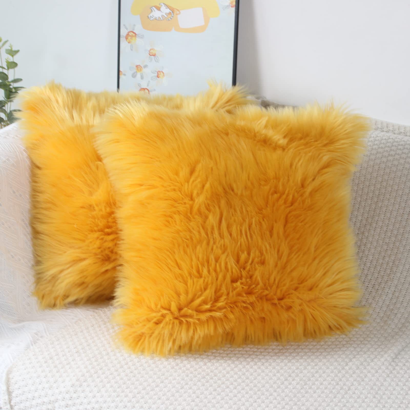 OYIMUA Mustard Yellow 24x24 Inches Fluffy Soft Faux Fur Cushion Covers Pack of 2, Luxurious Home Decorative Super Soft Plush Pillow covers Case 60cm x 60 cm for Sofa Bed Car