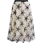 CHICWISH Women Floral Applique Sequin Embellished Mesh Tulle Skirt Casual Flowy Elastic High Waist A-Line Midi Skirt