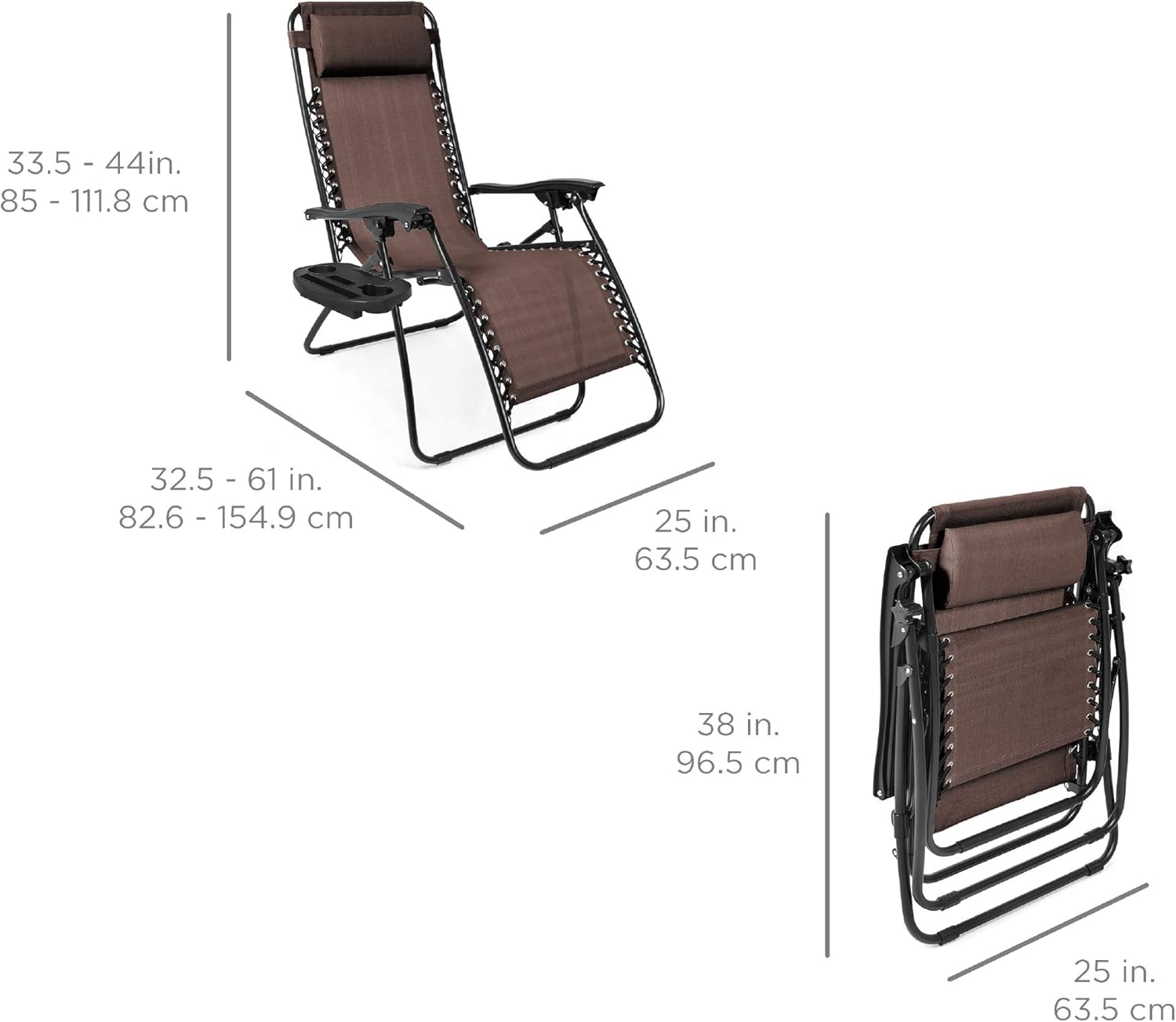 Best Choice Products Set of 2 Adjustable Steel Mesh Zero Gravity Lounge Chair Recliners w/Pillows and Cup Holder Trays, Brown : Garden & Outdoor