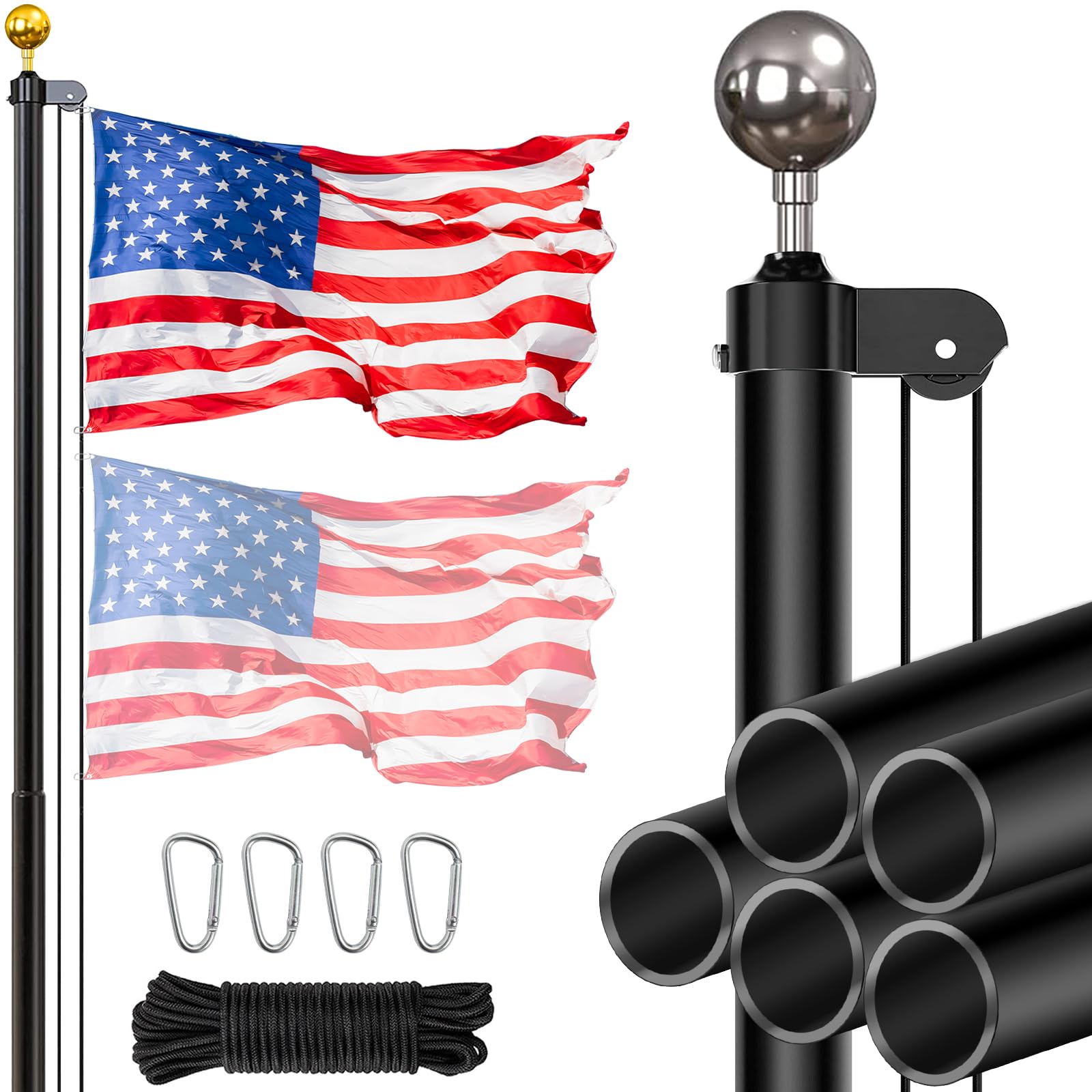 Photo 1 of Gientan 25FT Sectional Super Thick Flag Pole Kit, Heavy Duty 13 Gauge Aluminum in Ground Flagpole with 3x5 American Flag for Residential or Commercial, Black