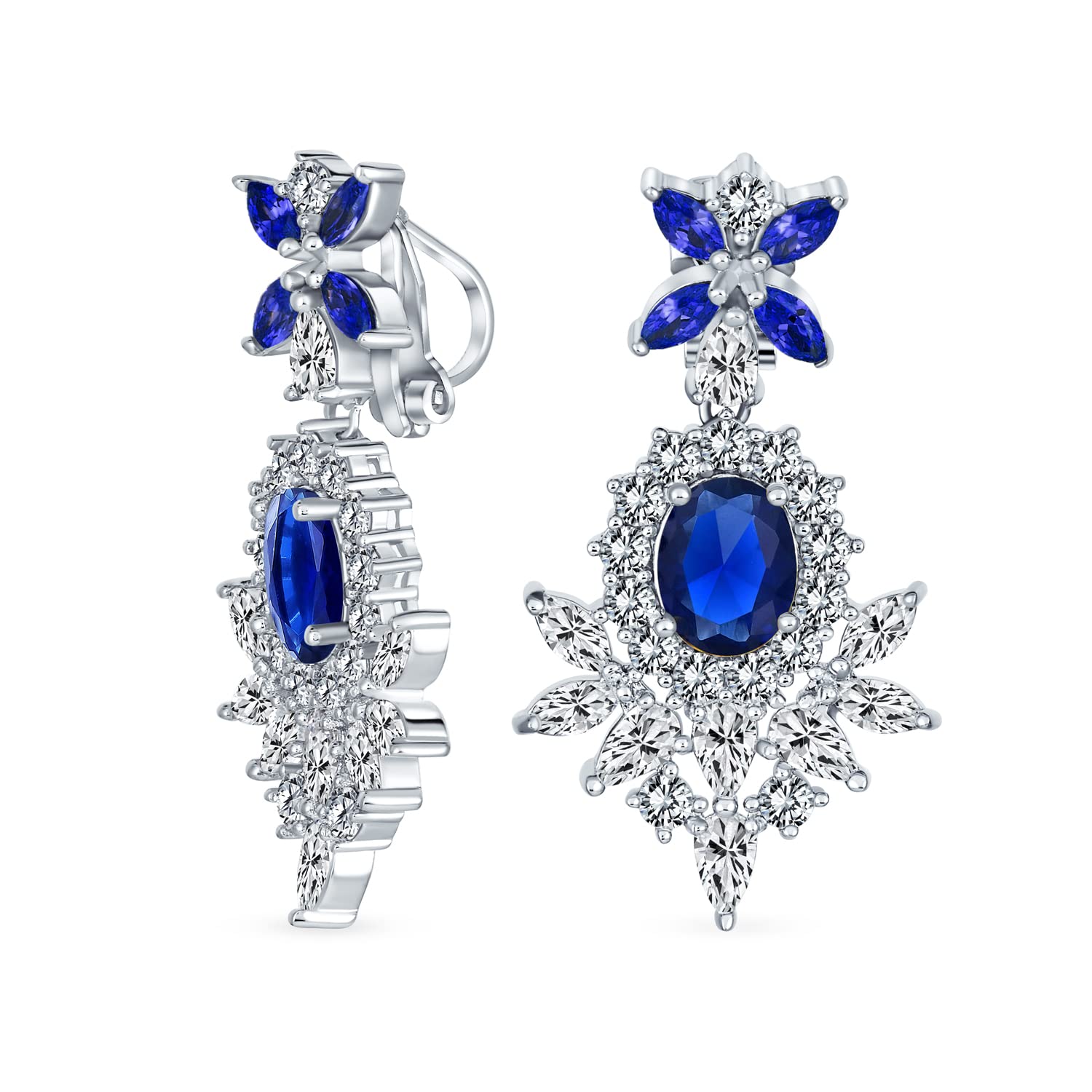 Vintage Art Deco Style Royal Blue Simulated Sapphire Cubic Zirconia AAA CZ Statement Dangle Formal Chandelier Clip On Earrings Wedding Prom Silver Plated
