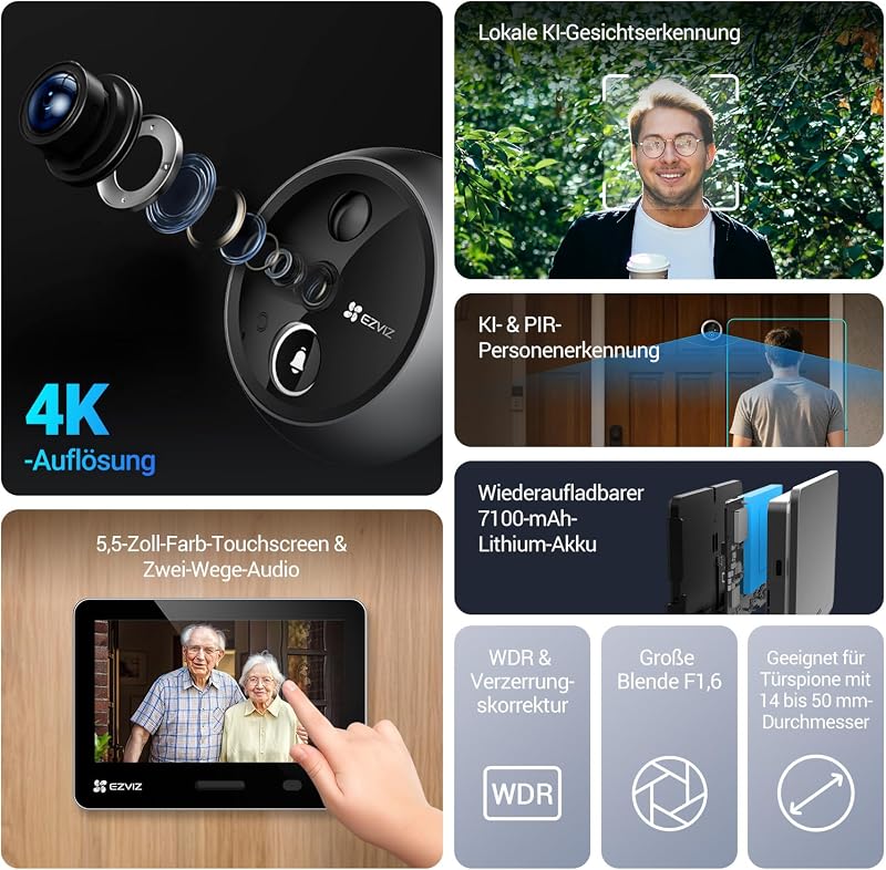 EP4 Silber 4K WLAN Türspion mit 5,5-Zoll-Farbbildschirm Akku