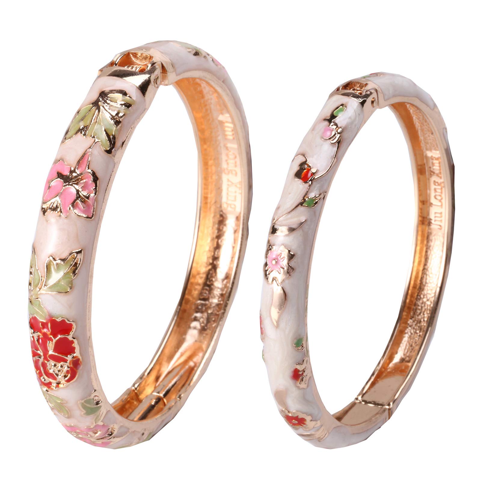 UJOY Enamel Bangle for Women, Cloissone Floral Bracelet for Lady Vintage Bangles Jewellery keepsake, 2 Pcs Ladies Charm Bracelets for Womens, Charming Bangle Beige & Nude Pink Flowers Bangles