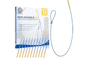 Drainsoon Replaceable Drain Snake Hair Clog Remover 12 Pack, 30 Inch Anti-break Metal Sink Snake with Nylon Layer, Plumbing Snake Drain Cleaner for Bathroom, Bathtub Cleaning, 12 Heads & 1 Handle