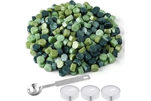 FEPITO 300 Pcs Octagon Sealing Wax Beads with 3 Pcs Tea Candles and 1 Pcs Wax Melting Spoon for Wax Stamp Sealing (Green Mix)