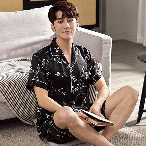 Amazon Co Jp 男性夏の寝室の男性パジャマシャツパンツセットナイトラウンジウェアメンズ半袖スリープスーツセット男サテンパジャマ C 3xl 服 ファッション小物