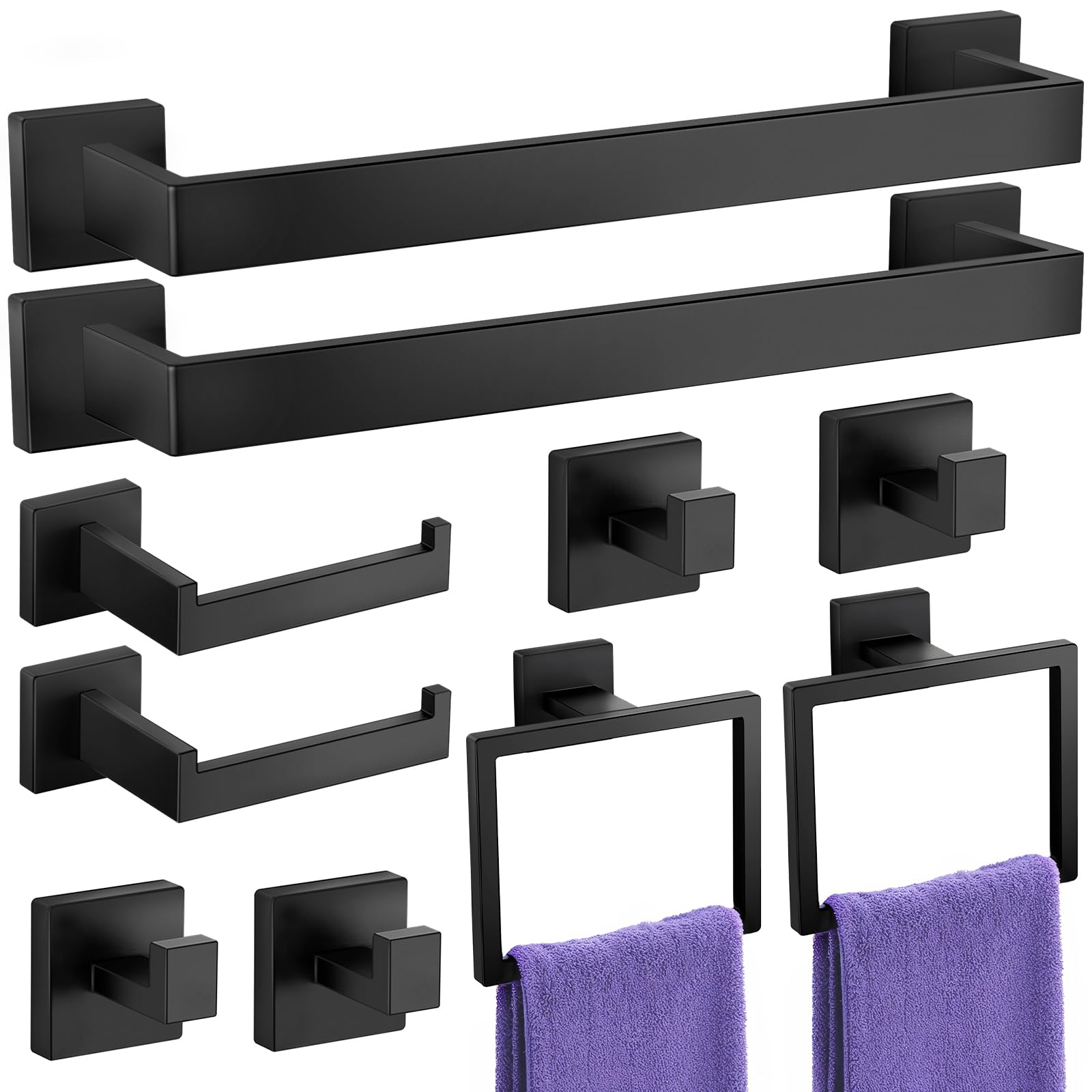 Photo 1 of 10-Pieces Towel Racks for Bathroom, Matte Black Bathroom Accessory Set, Stainless Steel Black Bathroom Accessories, SUS304 Stainless Steel Wall Mounted, Bath Towel Bar Set