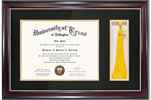 GraduationMall 11x17 Mahogany Diploma Frame with Tassel Holder for 8.5x11 Certificate Document,Real Glass, Black over Gold Mat
