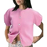 Womens Lightweight Puff Short Sleeve Cardigan Sweater Summer Y2k Cropped Knit Button Up Blouse Tops