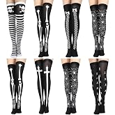 Geyoga 8 Pairs Halloween Thigh High Socks | Women over Knee Long Socks, Gothic Skeleton Spooky Socks, for Halloween Cosplay Costume Party, Skull Bone Spooky Prints