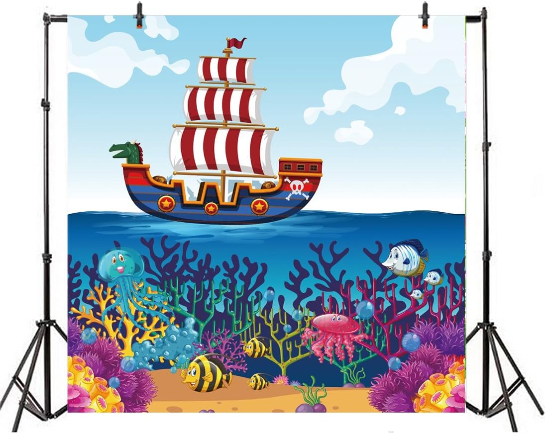 Leyiyi Cartoon Pirate Ship Backdrop 5x5ft Photography Background Sail Boat Octopus Seaweed Blue Sea Water Children Baby Portraits Studio Props Room Decor