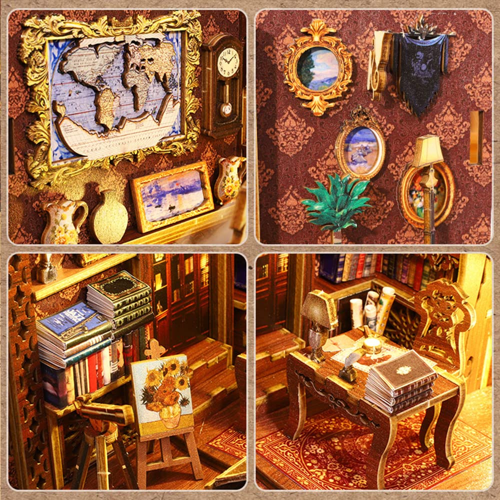 Lannso DIY Book Nook Kit, DIY Dollhouse Booknook, Library Booknook 3D Wooden Puzzle Bookends, Book Nook Miniature Kits with LED Light for Adults(SL6-A)
