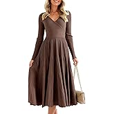 Saodimallsu Womens Long Sleeve Midi Sweater Dress Wrap V Neck Pleated A Line Fit Flare Elegant Knit Maxi Dress