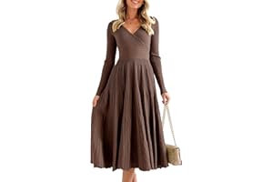 Saodimallsu Womens Long Sleeve Midi Sweater Dress Wrap V Neck Pleated A Line Fit Flare Elegant Knit Maxi Dress