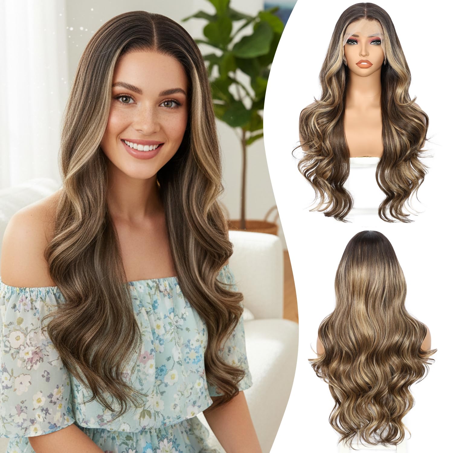 Sapphirewigs 13x4 Brown Lace Front Wig Synthetic Body Wave Highlight Brown Balayage Synthetic Lace Front Wigs Party Date Daily Wear Christmas Natural Looking 26 inch — image 1