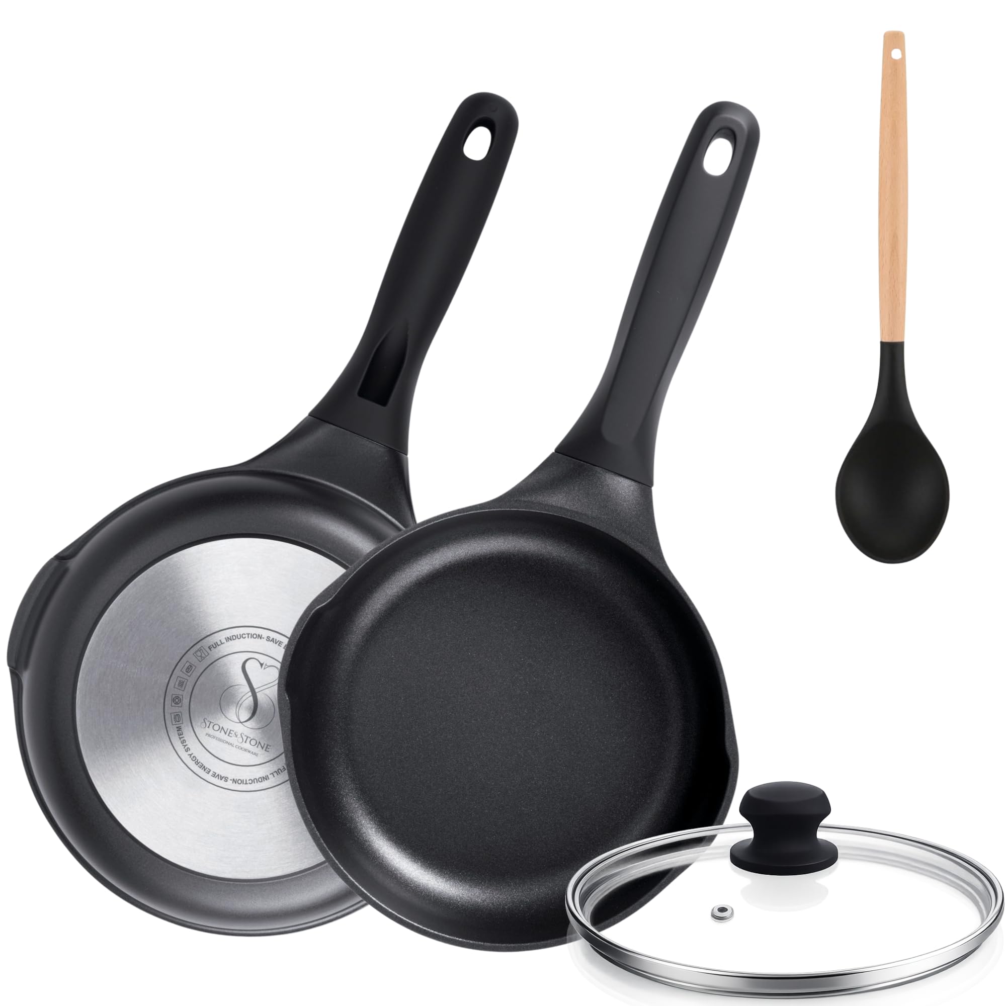 Stone&Stone Frying Pan 24 cm Extremely Non-Stick and Durable Stone Steel Base | Induction | Professional Chef Frying Pans Developed with German Technology + Lid + Spoon — image 1