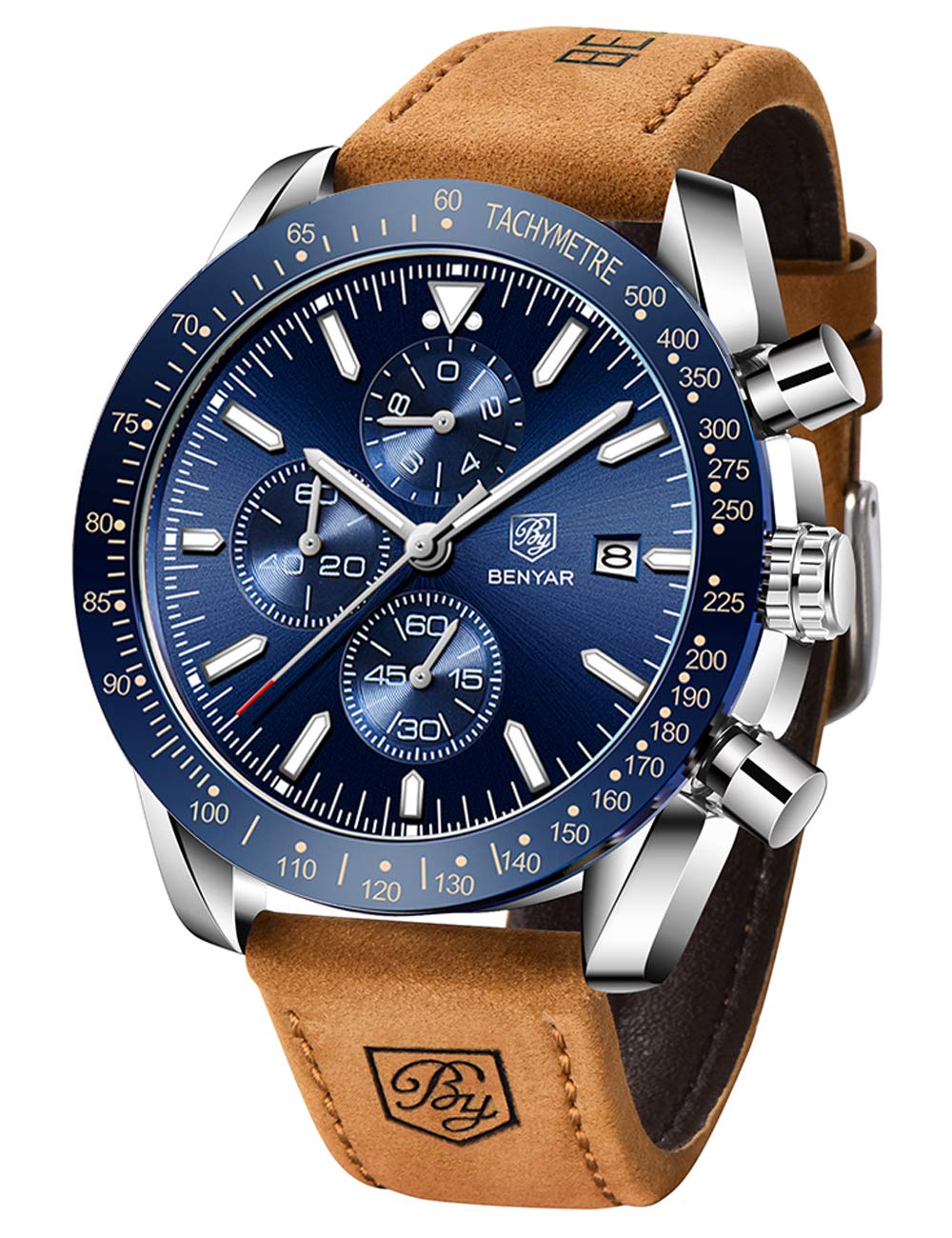 BENYAR Men's Quartz Sport Chronograph Fashion Business Luxury Waterproof Analog Date Watch with Brown Leather Strap (Brown Silver Blue)