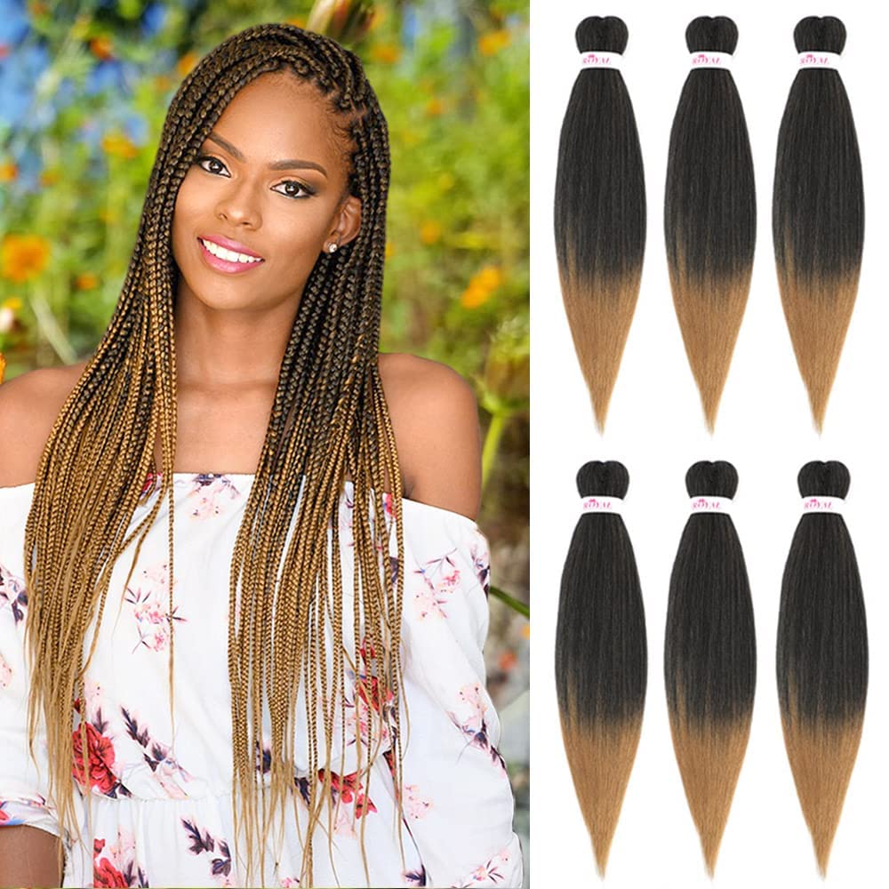 DT CHERYL Pre Stretched Braiding Hair, 6 Pack Brown Braided Hair extension 26 inches Synthetic EZ Braid Hot Water Styling Braid Yaki Texture Pre-stretched Hair for Braiding Braids 1B/27