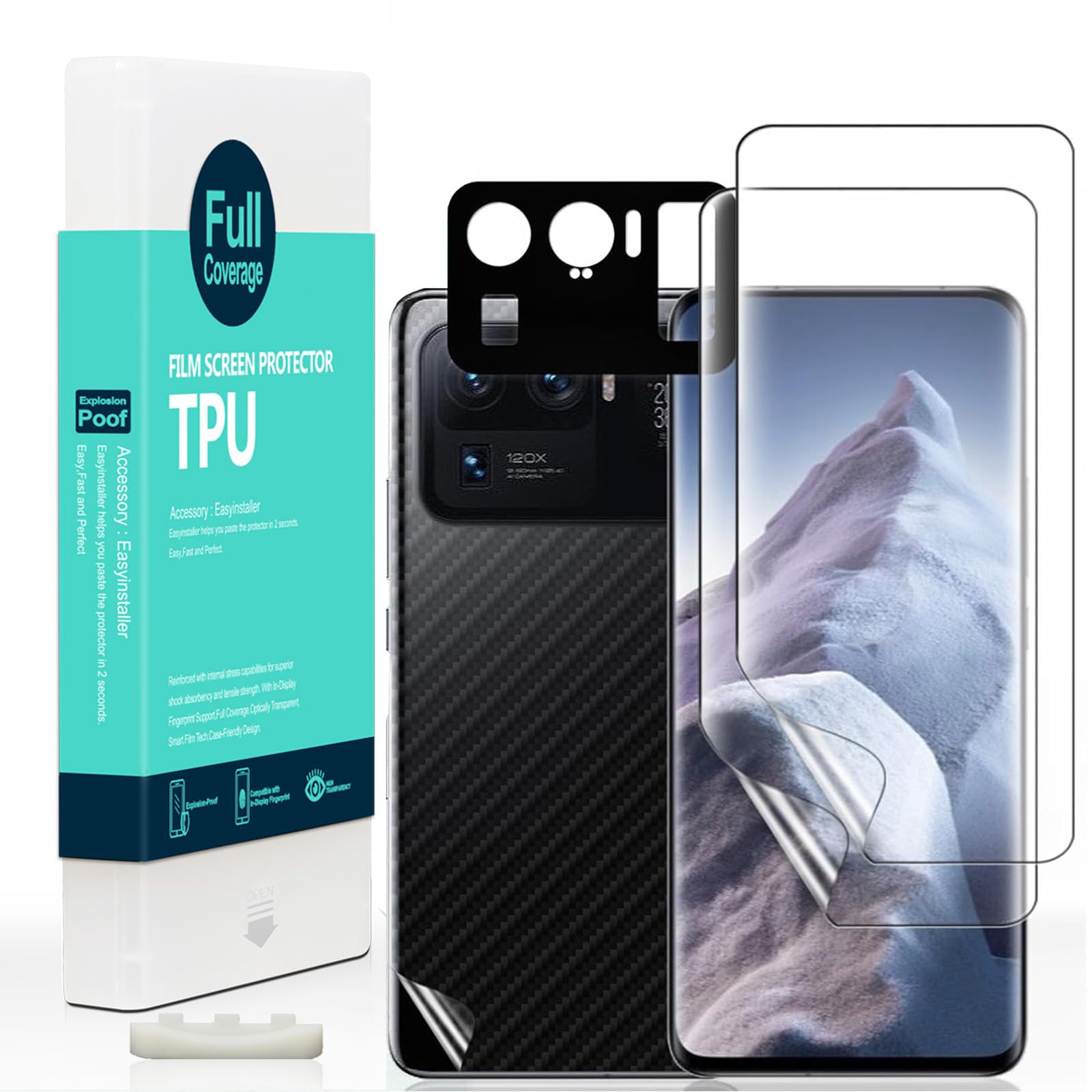 Ibywind Screen Protector For Xiaomi 11 Ultra(5G/4G),with 2Pcs Flexible TPU Film,1Pc Camera Lens Protector,1Pc Backing Carbon Fiber Film [Fingerprint Reader,Easy to install] — image 1