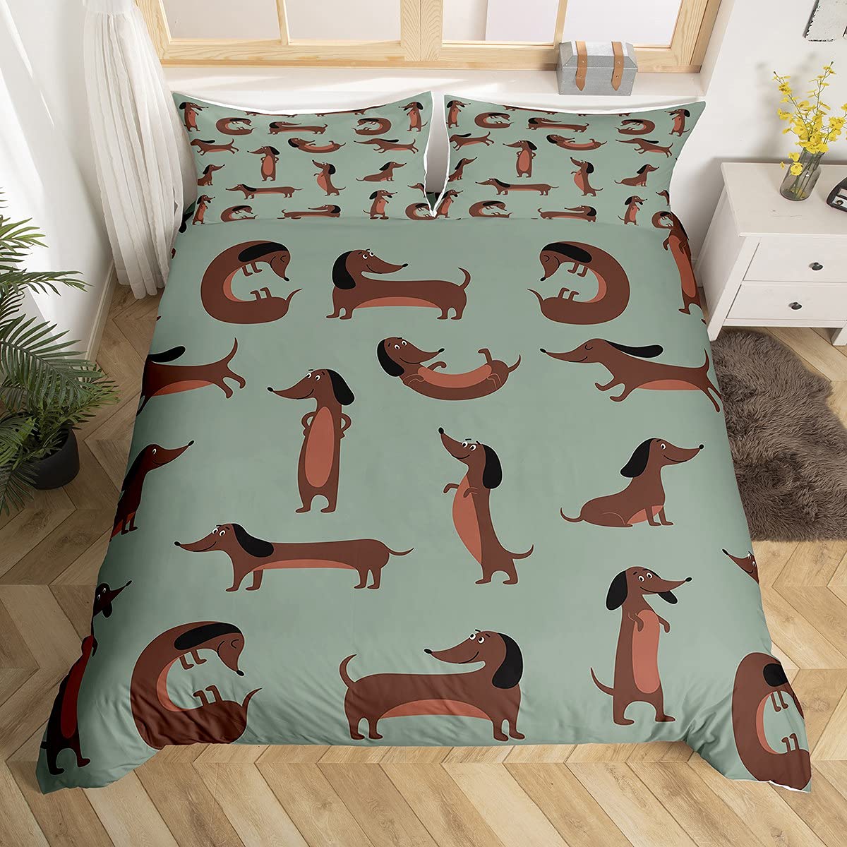 Dachshund Bedding Duvet Cover Set Kids Cute Sausage Dogs Bedding Set Cartoon Animal Bedding & Linen for Boys Girls Puppy Dachshund Lover Bedding Set King — image 1