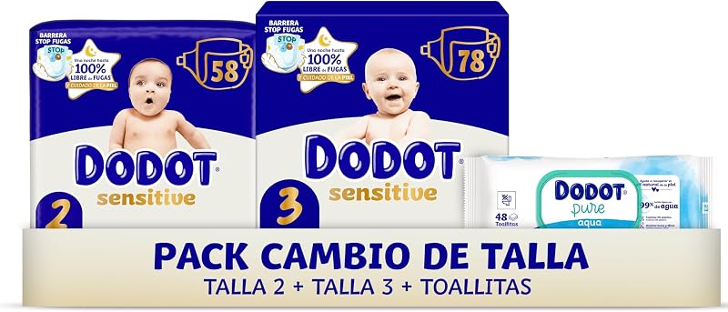 Sensitive Kit Recién Nacido Pañales + toallitas, 58 Pañales de la Talla 2 + 78 Pañales de la Talla 3 + 48 Toallitas Pure Aqua para Bebe, 99% Agua