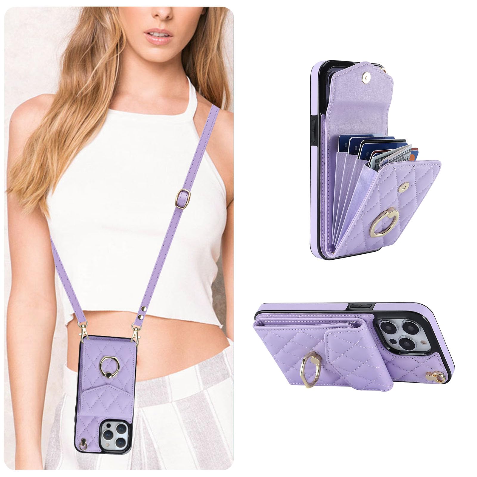 QLTYPRI Crossbody Wallet Case for iPhone 13 Pro Max, PU Leather Phone Case with RFID Blocking Card Slots Holder Ring Kickstand Wrist Strap Lanyard Handbag Purse Cover for iPhone 13 Pro Max – Purple