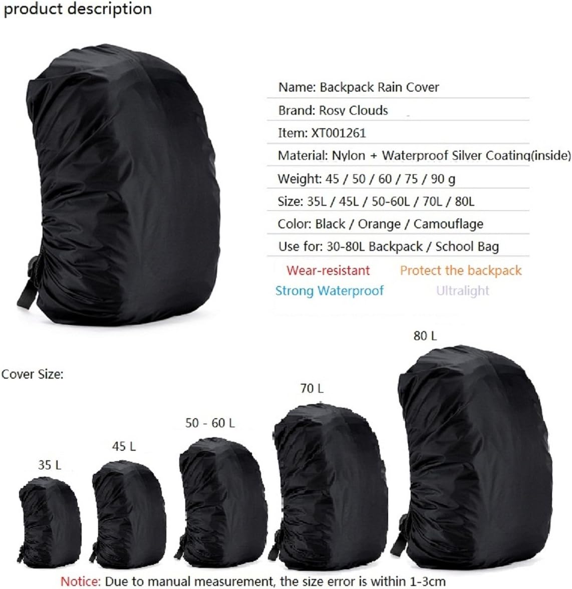 ROSY CLOUDS 2pcs 35L-60L Waterproof Backpack Rain Cover for Hiking Camping Traveling School and Laptop Backpack