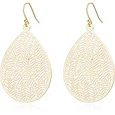 Handmade Filigree Teardrop Dangling Drop Earrings for Women, 925 Sterling Silver Hooks Leaf Earrings for Gift