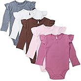 HonestBaby baby-girls 5-pack Long Sleeve Ruffle Shoulder Bodysuits 100% Organic Cotton for Infant Baby Girls