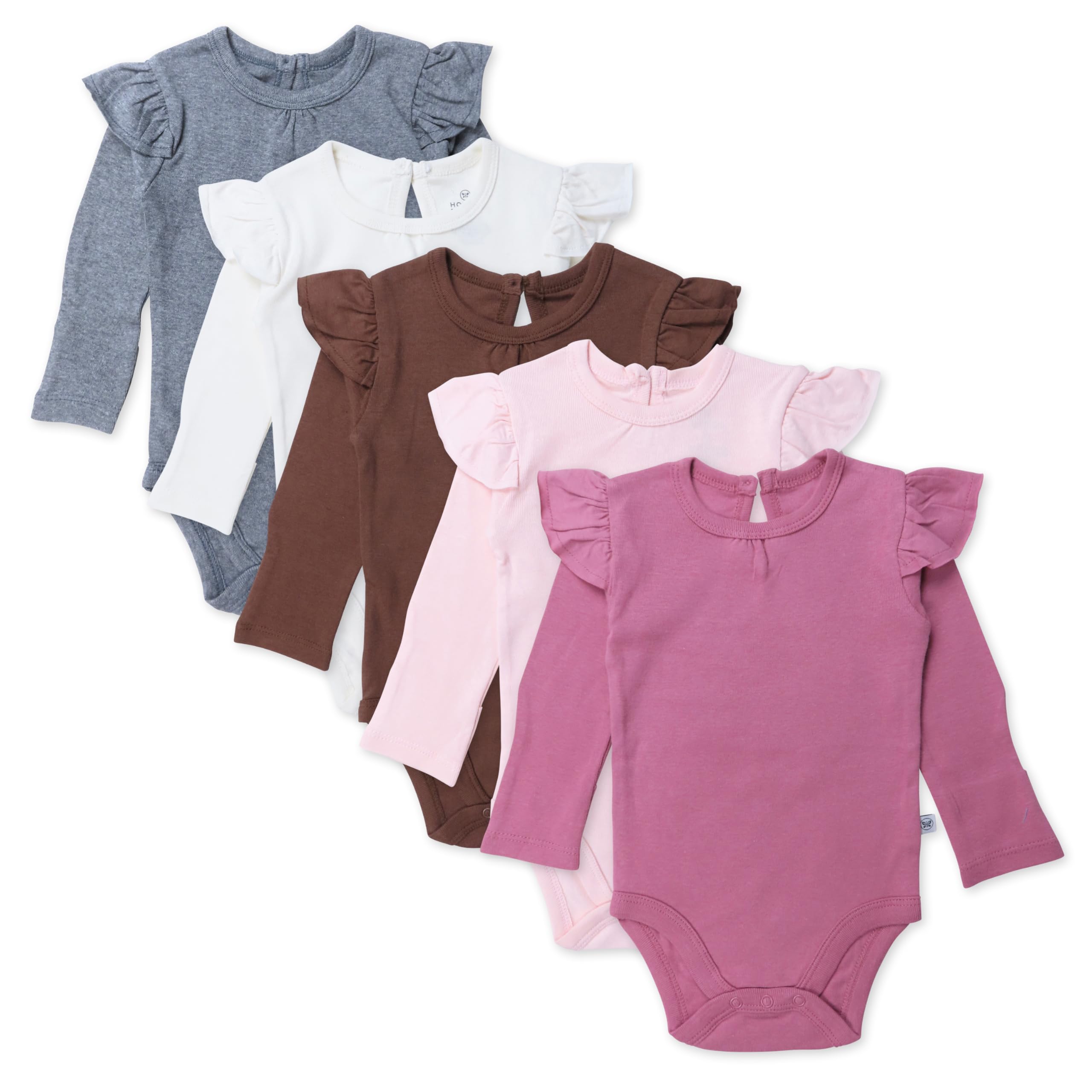 HonestBaby 5-Pack Long Sleeve Ruffle Shoulder Bodysuits 100% Organic Cotton for Infant Baby Girls, Purple Rose, 18 Months