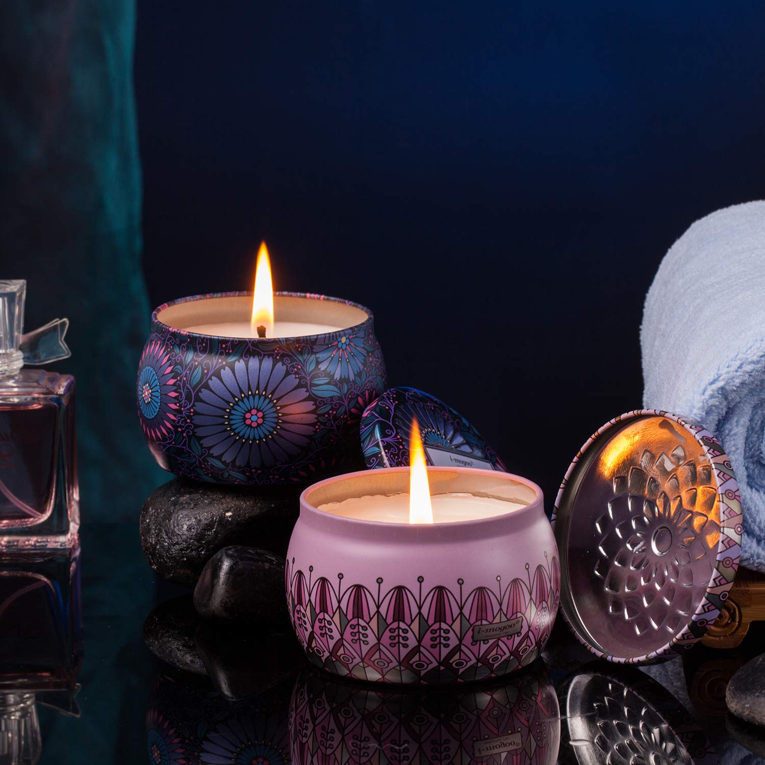 Amexi Duftkerzen, Lavendel, Rose Duftkerzen, Tragbare Reise Zinn Kerzen, 100% Sojawachs Kerze für Stressabbau und Aromatherapie, Kerzen Set - 2 Pack