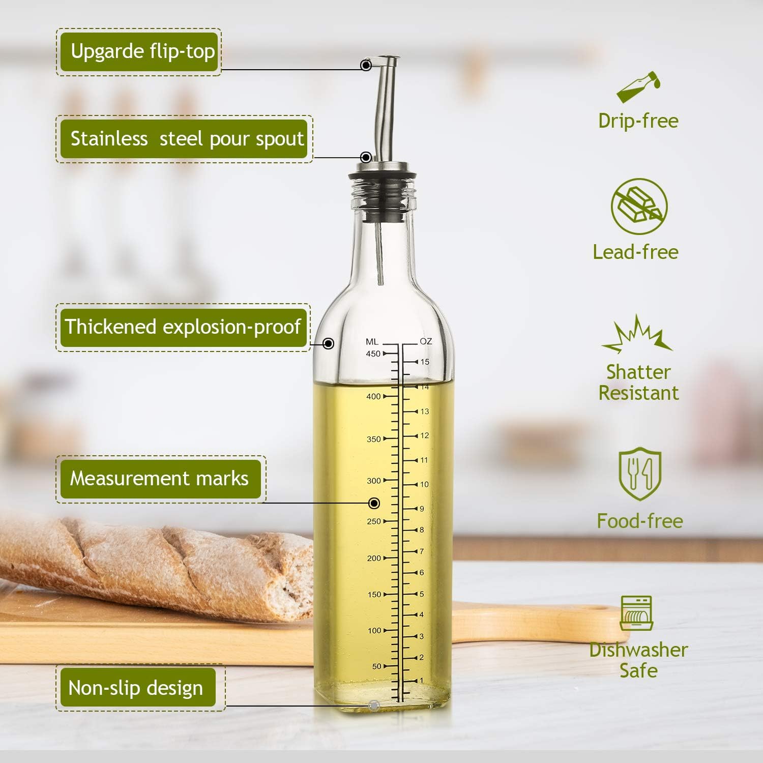 Aozita 17oz Glass Olive Oil Dispenser Bottle - 500ml Clear -Oil & Vinegar Cruet with Pourers and Funnel - Olive Oil Carafe Decanter for Kitchen: Home Improvement