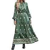 BTFBM Women's Fall Wedding Guest Dresses 2025 Casual Floral Long Sleeve V Neck Front Tie Flowy Boho Maxi Dress Pockets