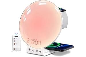 MOMILLA Sunrise Alarm Clock with Wireless Charging Station for Kids &Adults, Compatible with Apple Watch/Airpods/iPhone Samsung, Night Light w/ 11 Amient Light, Sound Machine, Smart APP &Voice Control