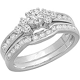 Dazzlingrock Collection 1.10 Ctw Round White Natural Diamond Engagement Bridal Ring Set, 14K White Real Solid Gold
