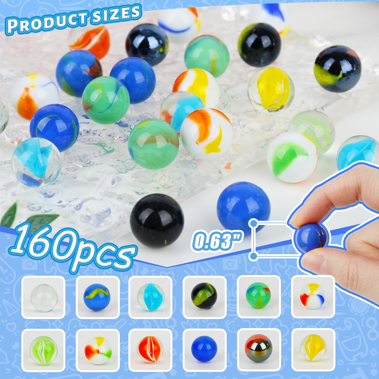 LovesTown 160PCS Glass Marbles Bulk, for Kids Marble Run Games, 5/8inch, Mixed Color