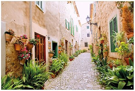 Wallario Garten-Poster Outdoor-Poster - Südländische Gasse mit Alten Häusern und grüner Oase in Premiumqualität, Größe: 61 x 