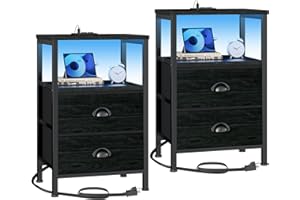 Furologee Nightstands Set of 2, End Tables with Charging Station and LED Lights, Black Night Stands with 2 Fabric Drawers, Bedside Tables Set of 2 for Living Room/Bedroom,Black Oak