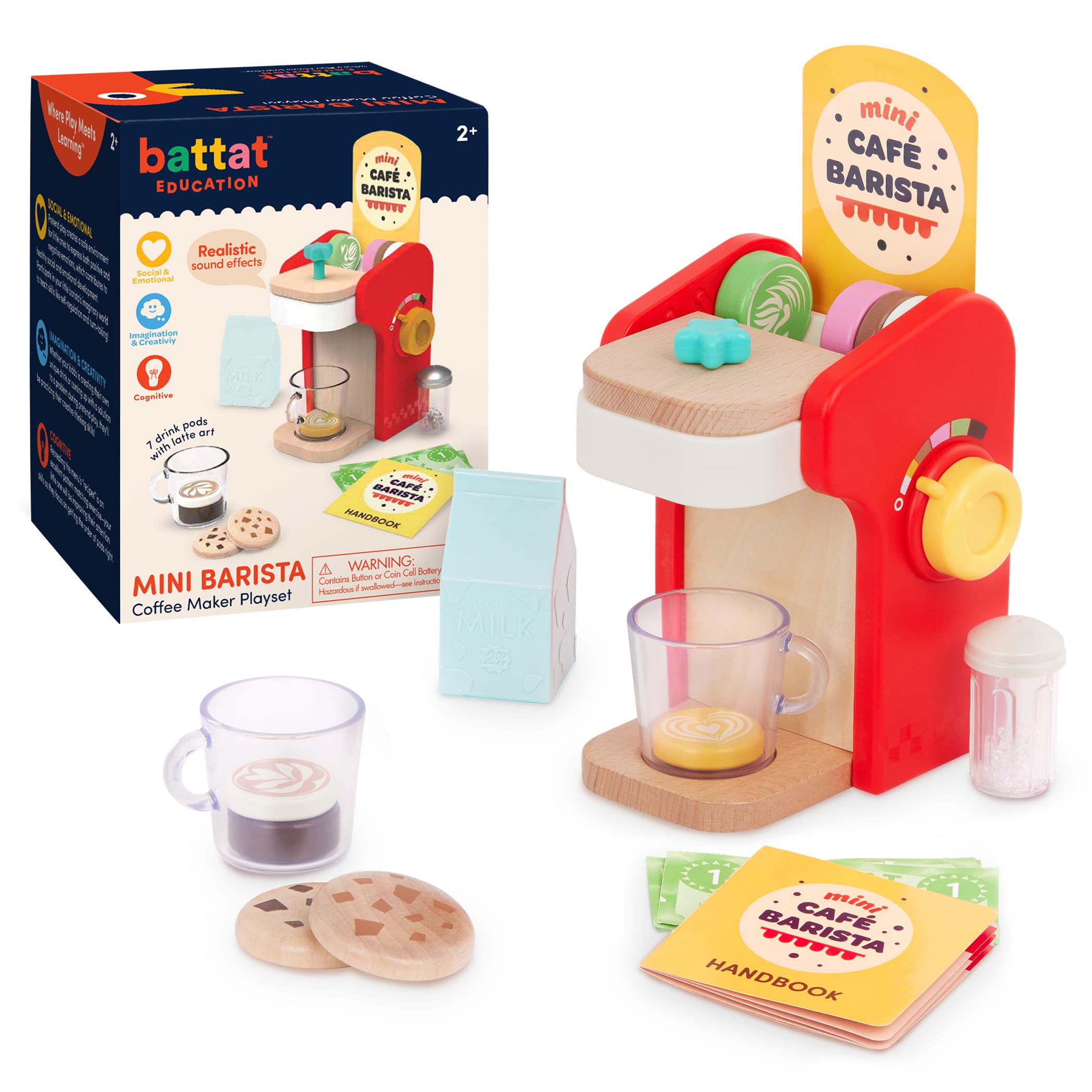 Battat Education – Wooden Barista Playset – Realistic Toy Coffee Maker with 22 Accessories for Pretend Play, Play Kitchen Toy, Encourages Creative Roleplay and Fine Motor Skills for Toddlers 2+ Years