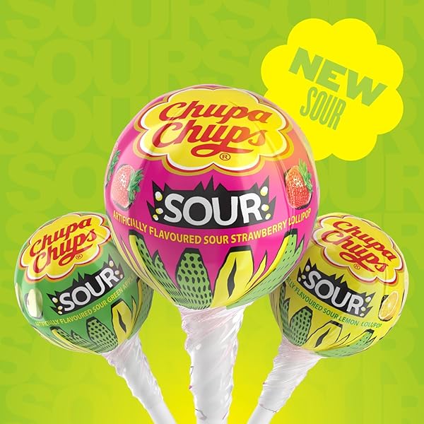 CHUPA CHUPS SOUR LOLLIPOPS, VARIETY PACK, LEMON, STRAWBERY & APPLE FLAVORED, INDIVIDUALLY WRAPPED BULK SOUR CANDY SUCKERS FOR ADULTS & KIDS, BAG OF 25