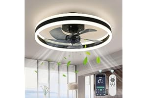 AHAWILL Fandelier Ceiling Fans with Lights and Remote,19.7in Low Profile Dimmable Ceiling Fan,Brushed Black Flush Mount Ceiling Fan for Bedroom.