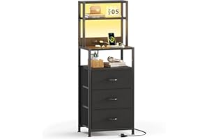 VERMESS Tall Nightstand with 4-Tier Shelves, Night Stand with 3 Fabric Drawers and Charging Station, Bedside Shelf with LED L