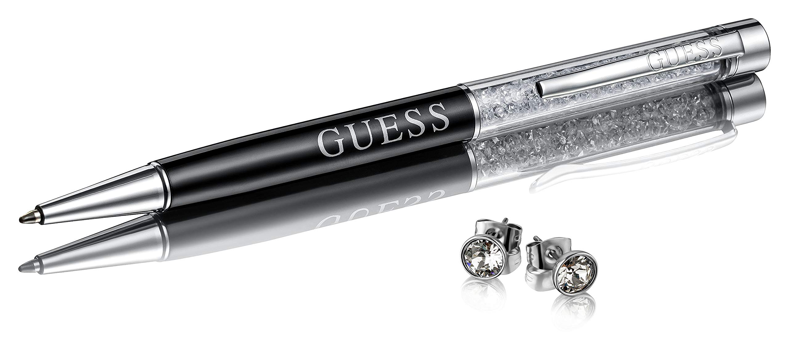 Guess UBT01062 Ballpoint Pen with Ear Rings and Swarovski Crystals Gift Set, Stud Earrings, Stainless Steel Ballpoint Pen with Crystals