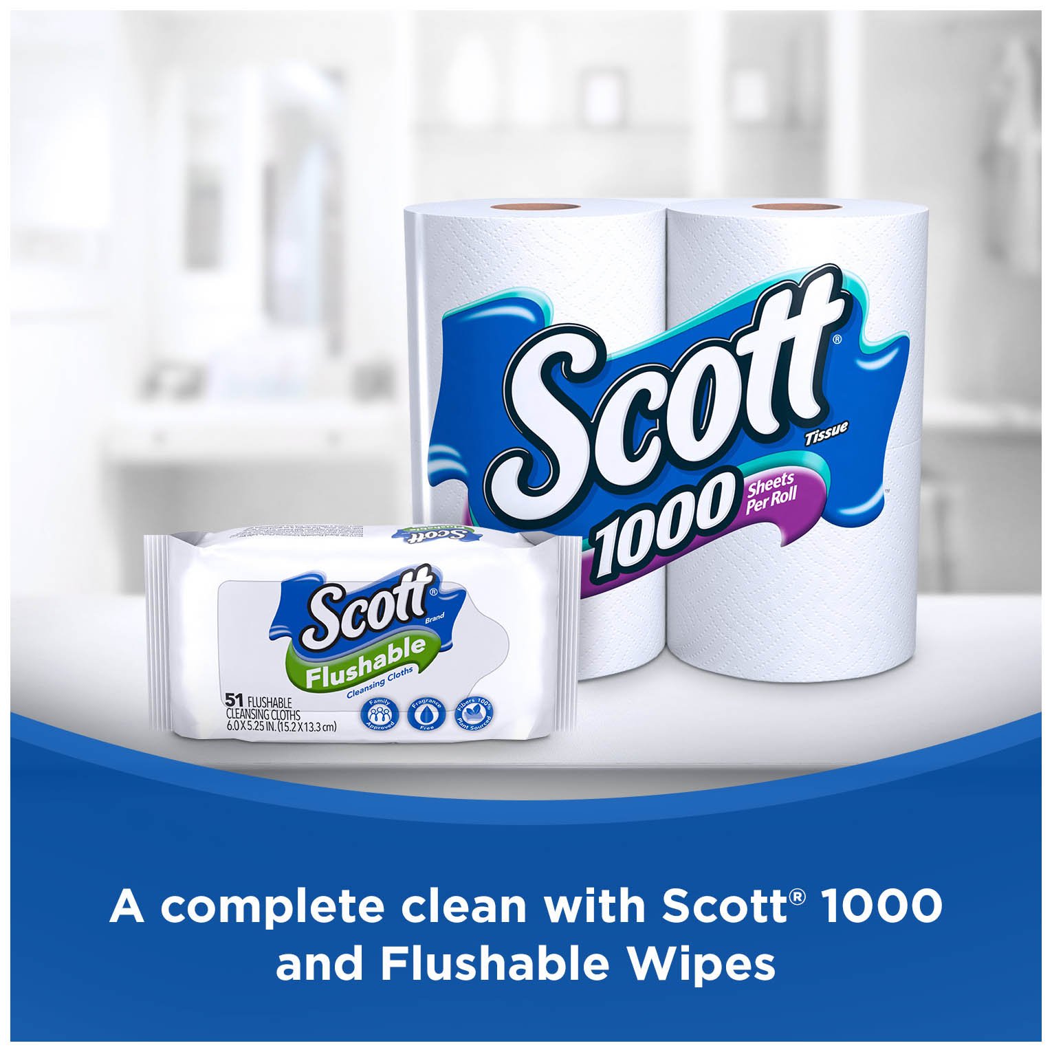 Scott Flushable Wipes, FragranceFree, 8 Tubs, 51 Wet Wipes per Tub